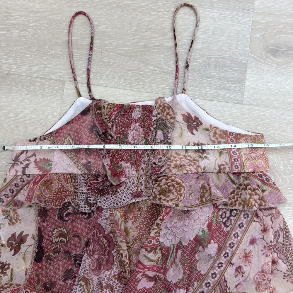 Patchwork Floral Ruffle Tiered Cami Top S MNG Mango Boho Smocked Peplum Summer - Picture 6 of 16